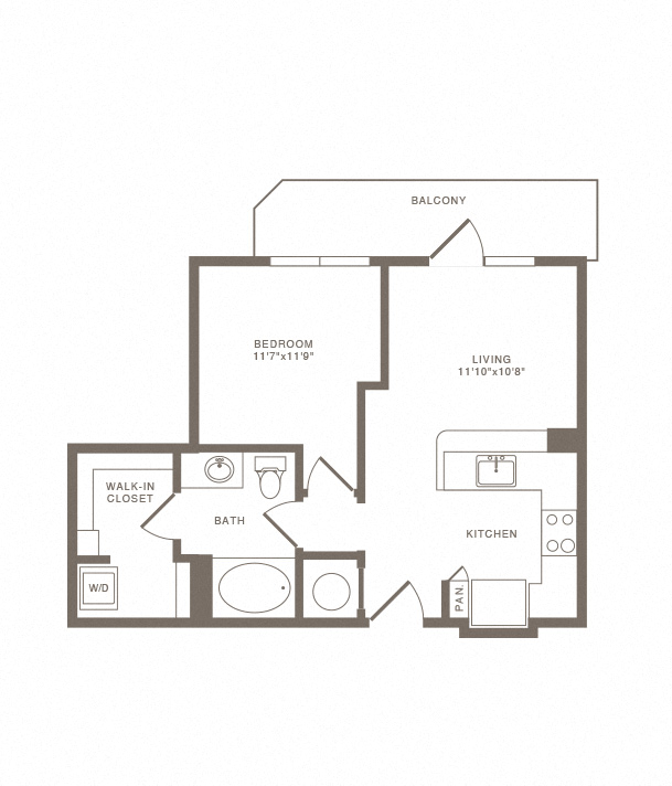 Floor plan for 1 bed, 1 bath, 620 sqft